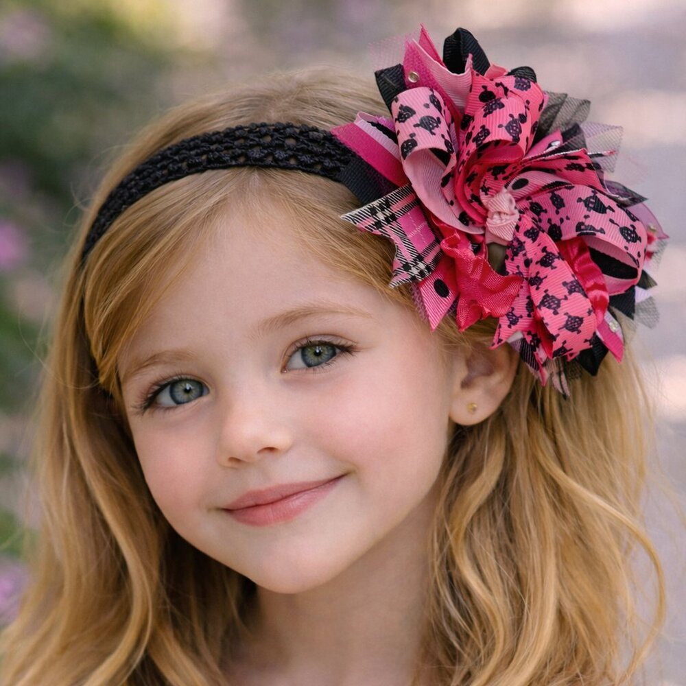 Boutique Custom Made Extraordinary Pink & Black Bow Band Skulls Tulle & Crystals